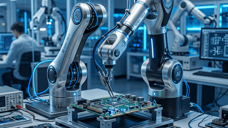 Futuristic AI robot arm assembling circuit boards in a modern tech lab